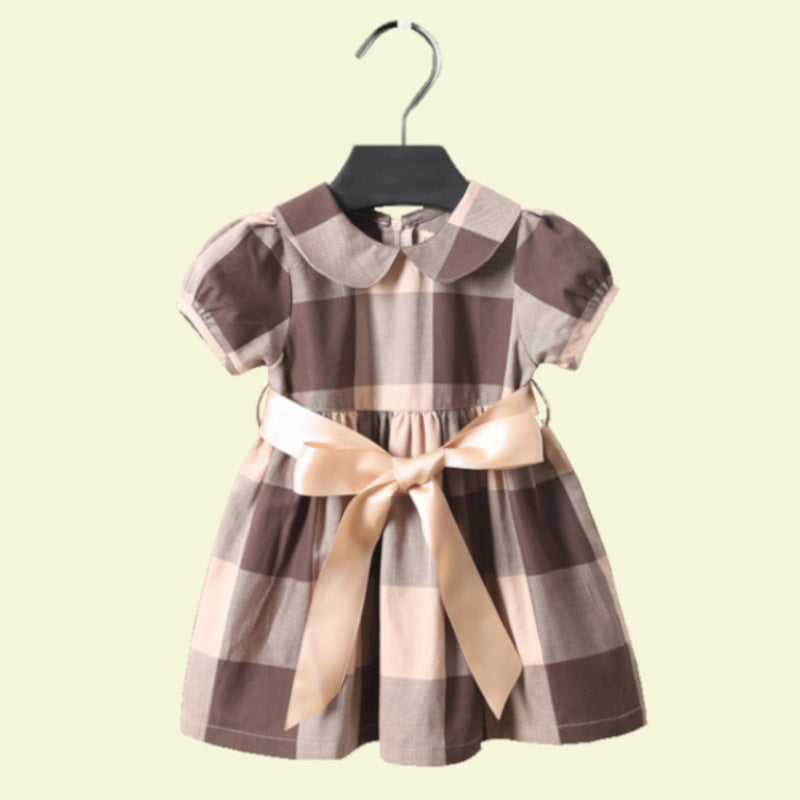 Sleeveless Beige Peterpan Collar Tartan Dress With Frill Detail