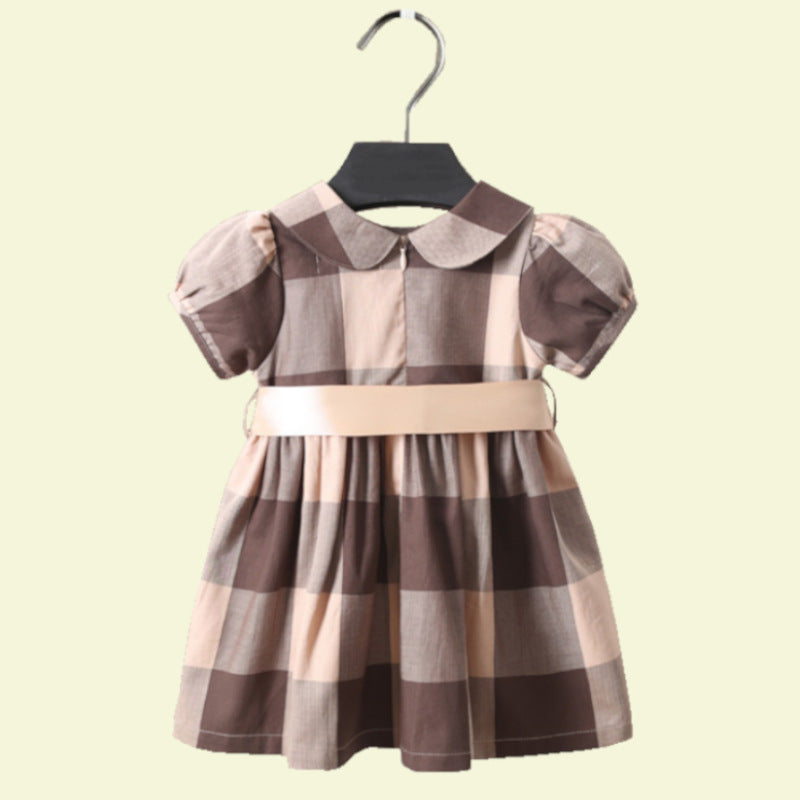 Sleeveless Beige Peterpan Collar Tartan Dress With Frill Detail