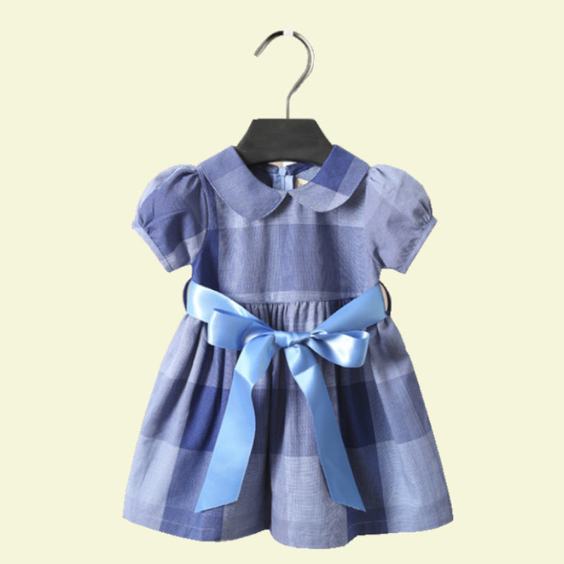 Sleeveless Navy Peterpan Collar Tartan Dress With Frill Detail