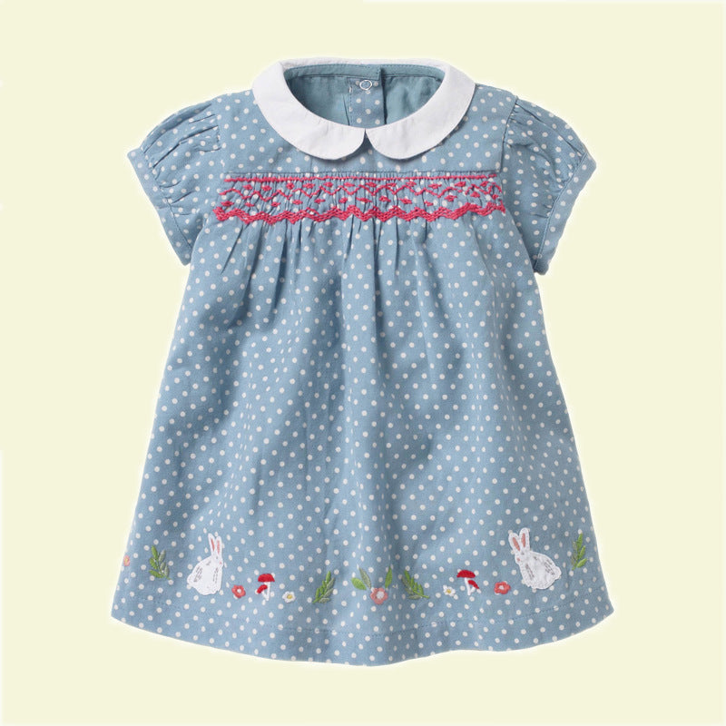 Girls Polka Dot Embroidered  Smock Dress