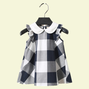 Sleeveless Navy Peterpan Collar Tartan Dress With Frill Detail